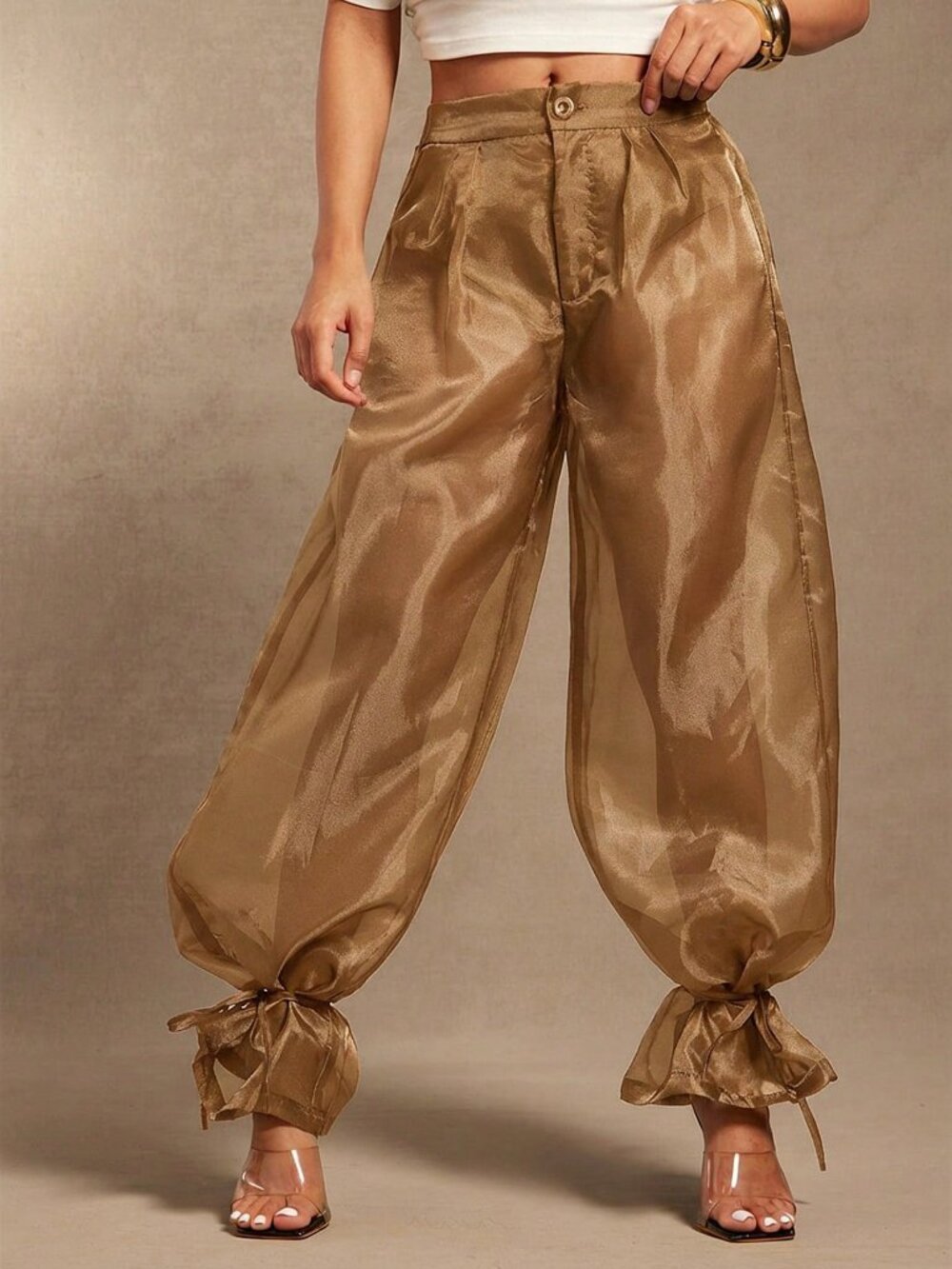 Brown Casual Women's Sheer High Waist Cuffed Balloon Pants